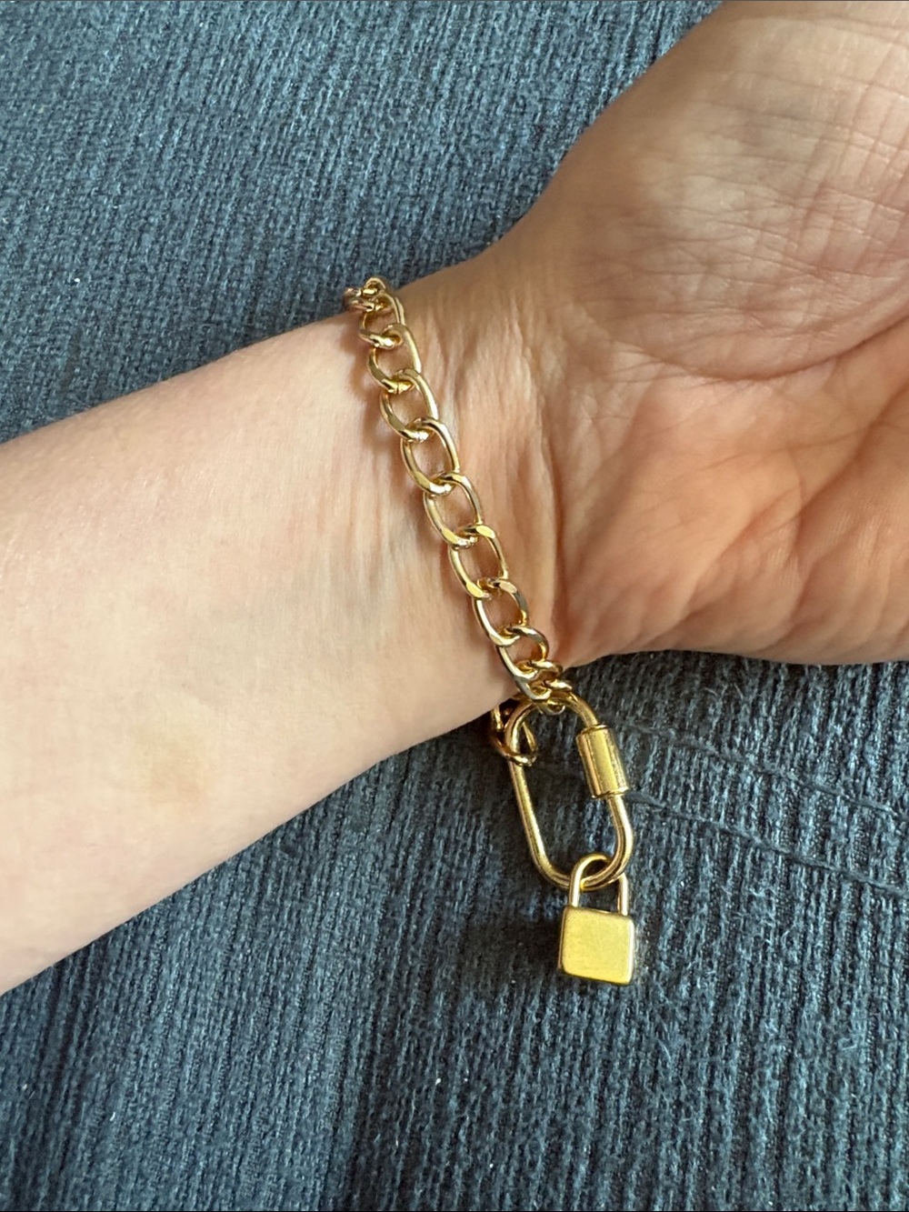 Hand-Crafted Gold Chain Link Carabiner Bracelet with Padlock Charm